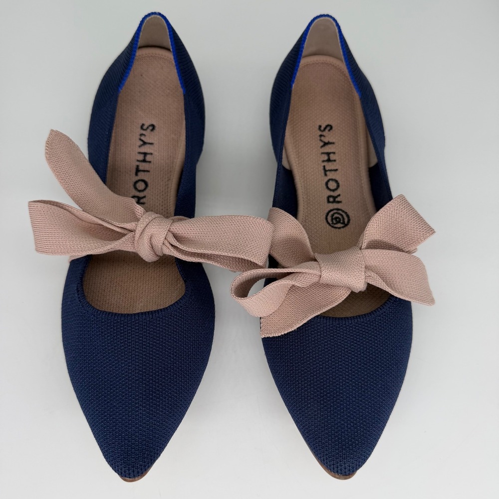 Rothys The Point Mary Jane Bow Flat Navy Blue Blush Pink Size 10 Womens Coquette